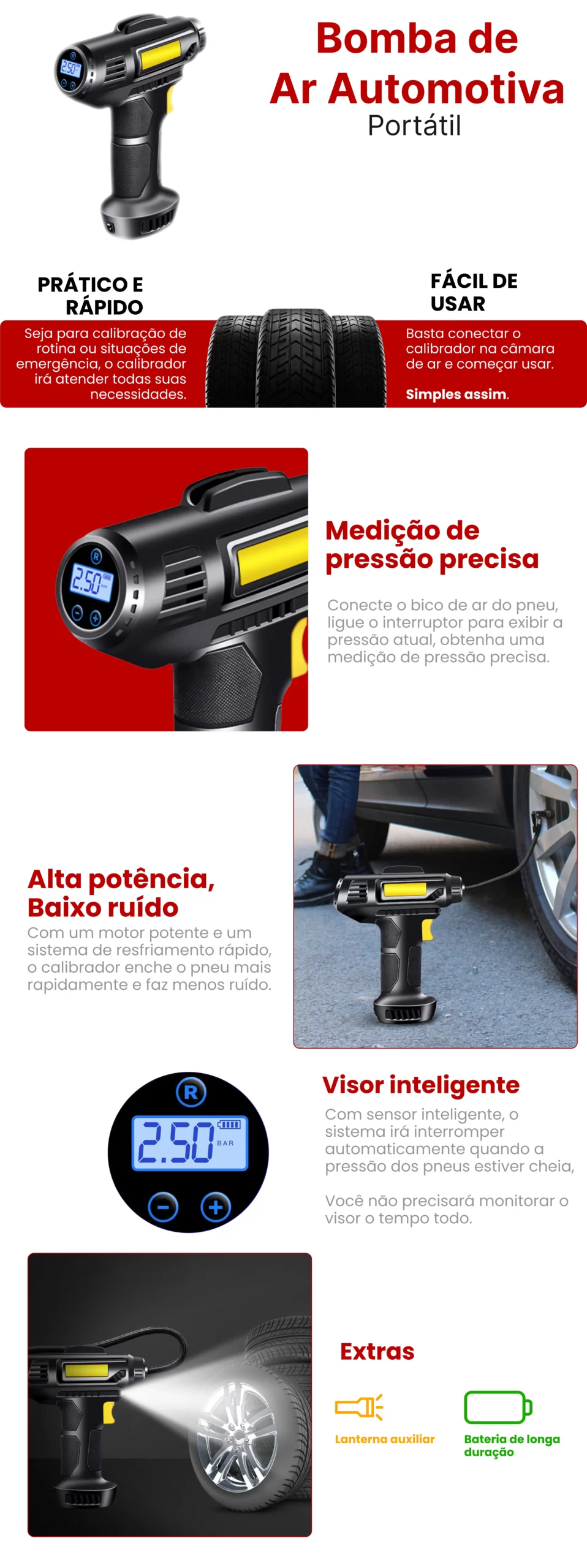 Bomba de ar automotiva - calibradora de pneu - 99Box - Detalhes e Informações do produto